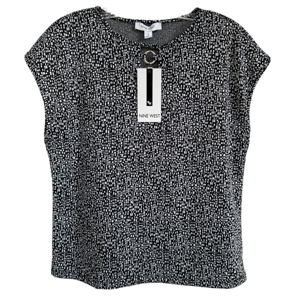 Nine West Women's Blouse Relax Fit Short Sleeve Size S Black White Printed